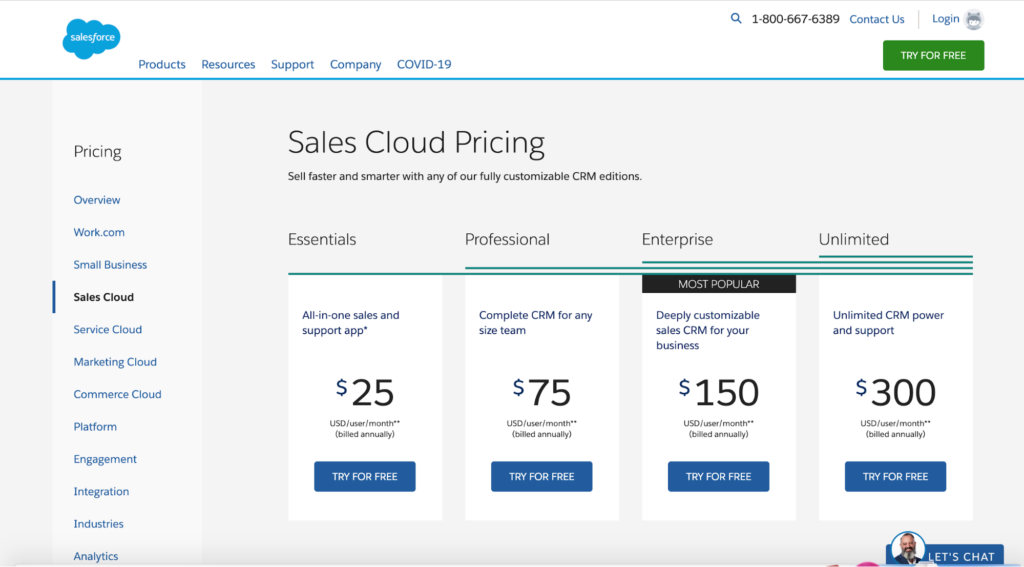 Salesforce CRM pricing plans.