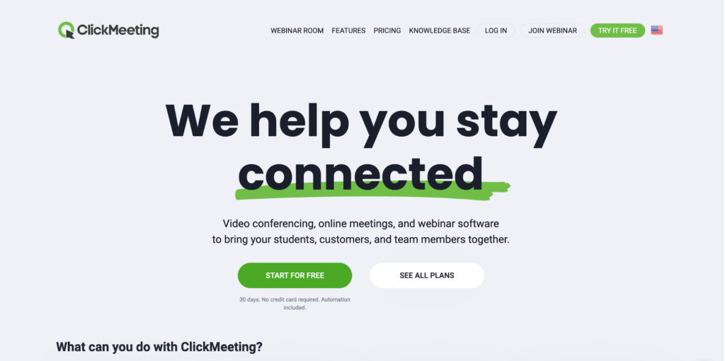 ClickMeeting webcasting services start for free homepage.