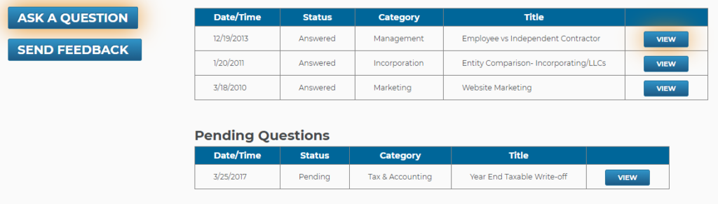 GoSmallBiz business plan software question and pending questions dashboard example.