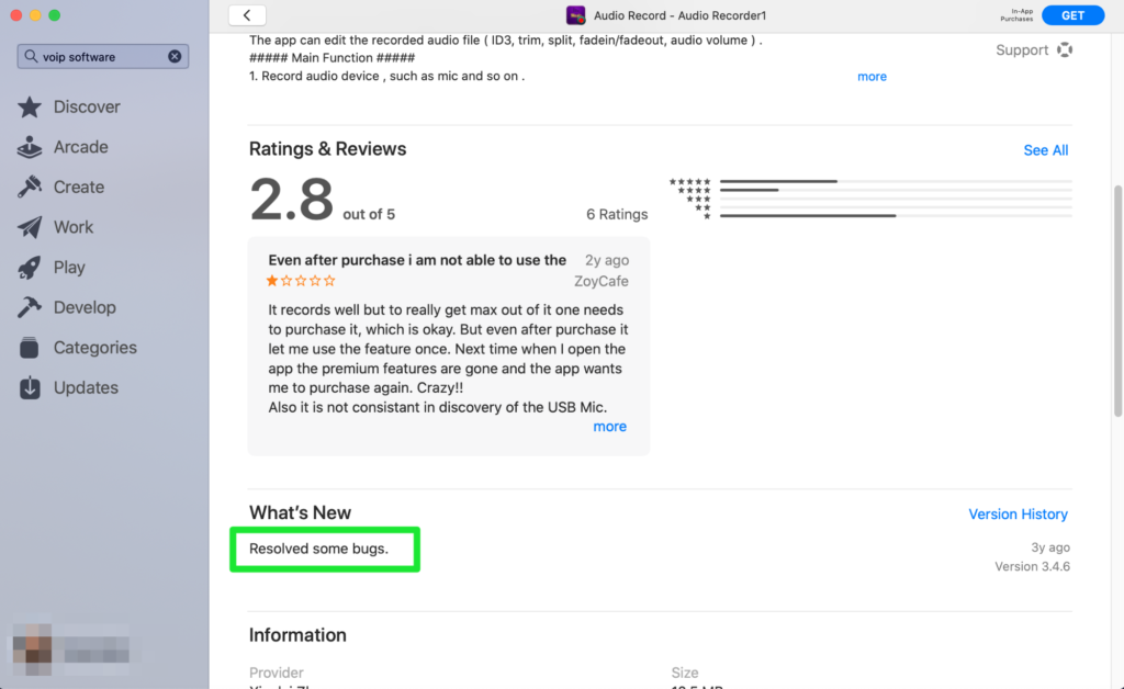 Software updates, ratings, reviews, and resolved bugs and issues example.