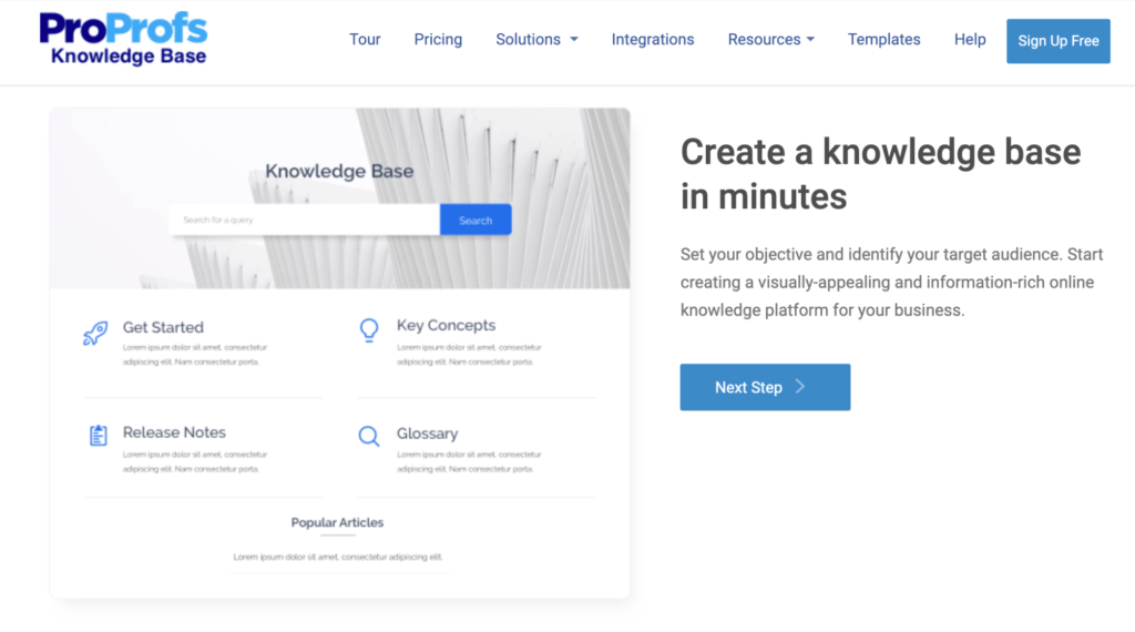 ProProfs knowledge base software create a knowledge base in minutes sign up page.