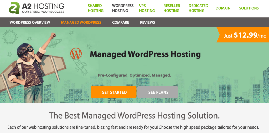 A2 Hosting managed WordPress hosting service get started and see plans homepage.
