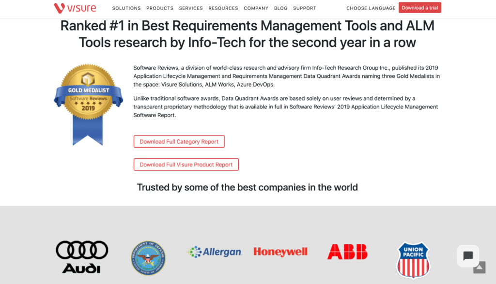 Visure requirements management tool download a trial homepage.