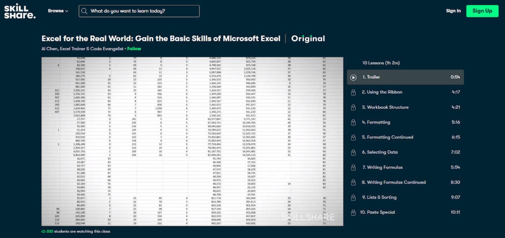 Excel for the Real World course by Skill Share signup page.