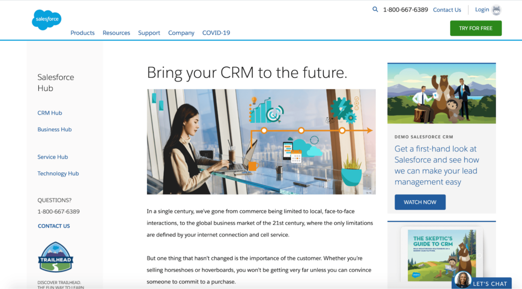 Salesforce CRM try for free signup homepage.