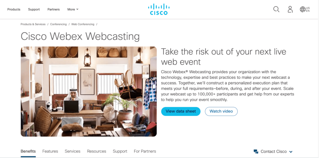 Cisco Webex Webcasting view data sheet and watch video homepage.