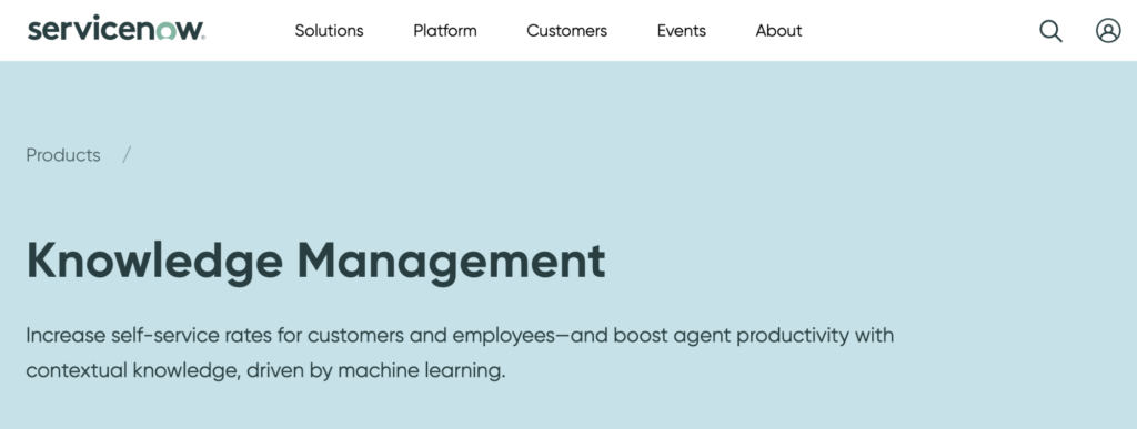 ServiceNow knowledge base software knowledge management page.