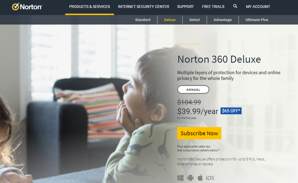 Norton 360 Deluxe network security software products and services page.