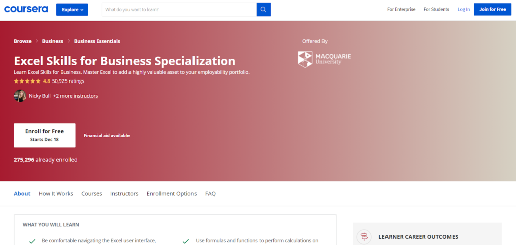 Excel Skills for Business Specialization by Coursera enrollment page.