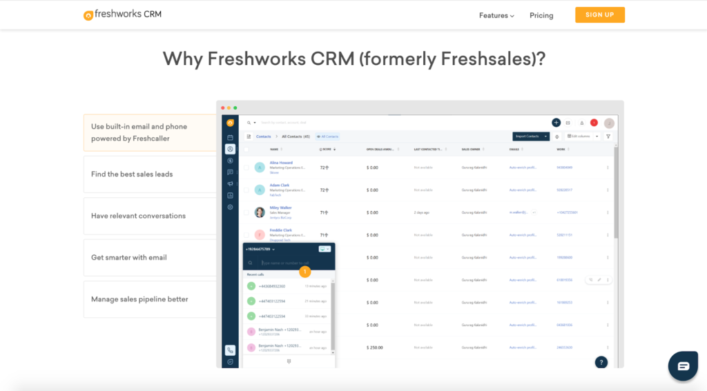 Freshworks CRM built-in-email and phone powered by Freshcaller example.