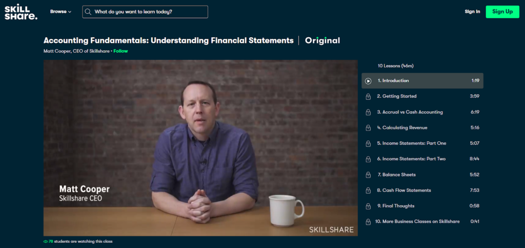 Skill Share accounting fundamentals understanding financial statements accounting course signup page.