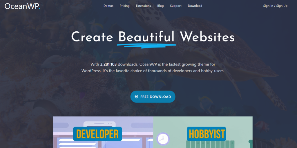 OceanWP WordPress theme homepage.