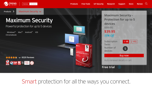 Trend Micro Maximum Security network security software products page.