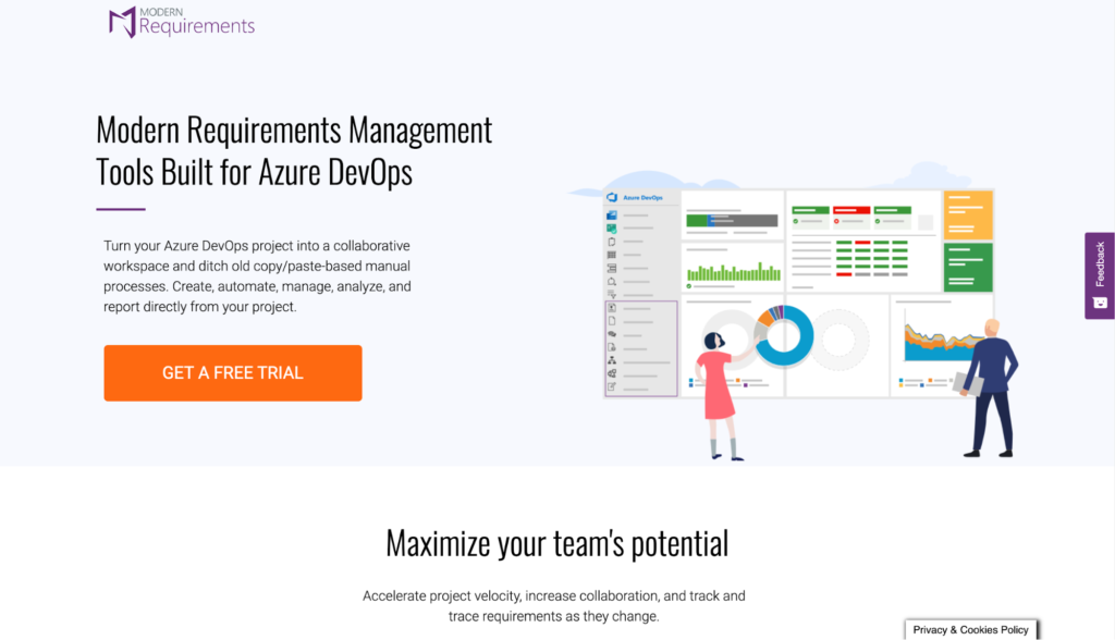Modern Requirements4DevOps requirements management tool get a free trial homepage.