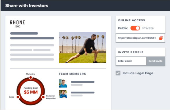BizPlan share a link with investors example.