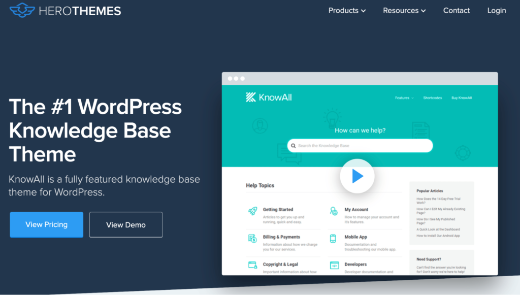 KnowAll knowledge base software WordPress theme view pricing and demo page.