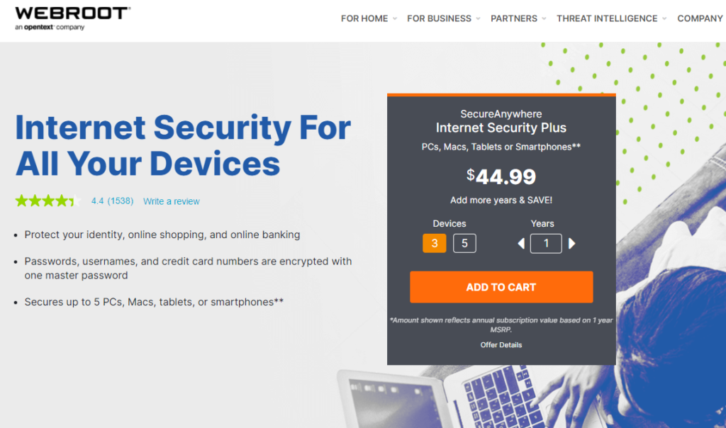 Webroot Internet Security Plus network security software homepage.