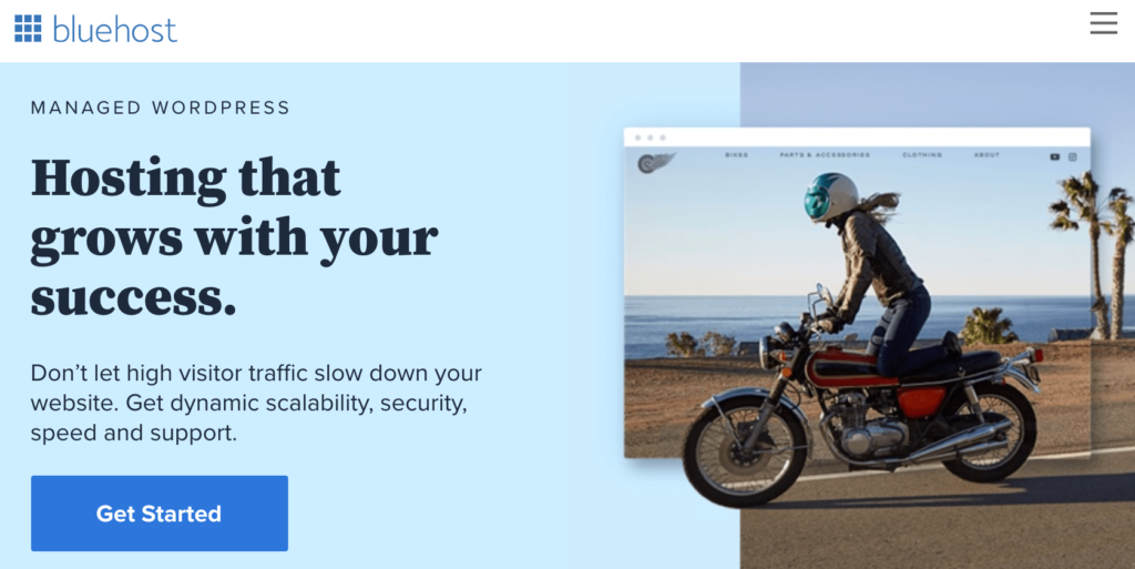 Bluehost managed WordPress hosting service get started homepage.