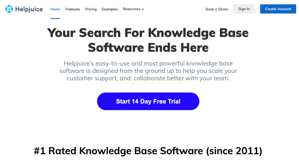 Helpjuice knowledge base software start 14 day free trial page.
