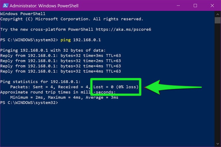 Administrator: Windows PowerShell view and percentage packet loss.