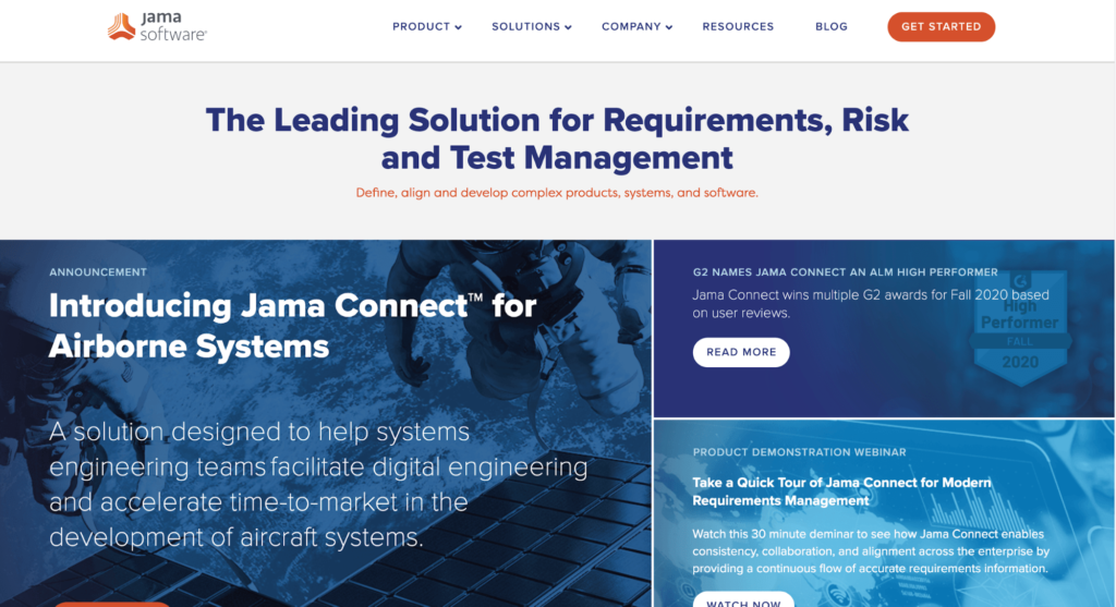 Jama Software requirements management tool get started homepage.