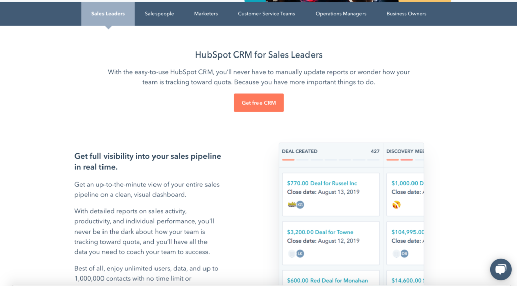 HubSpot CRM software sales leader page.