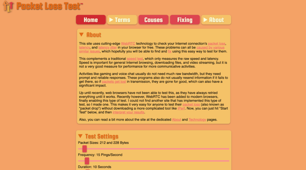 Packet loss test website terms page.