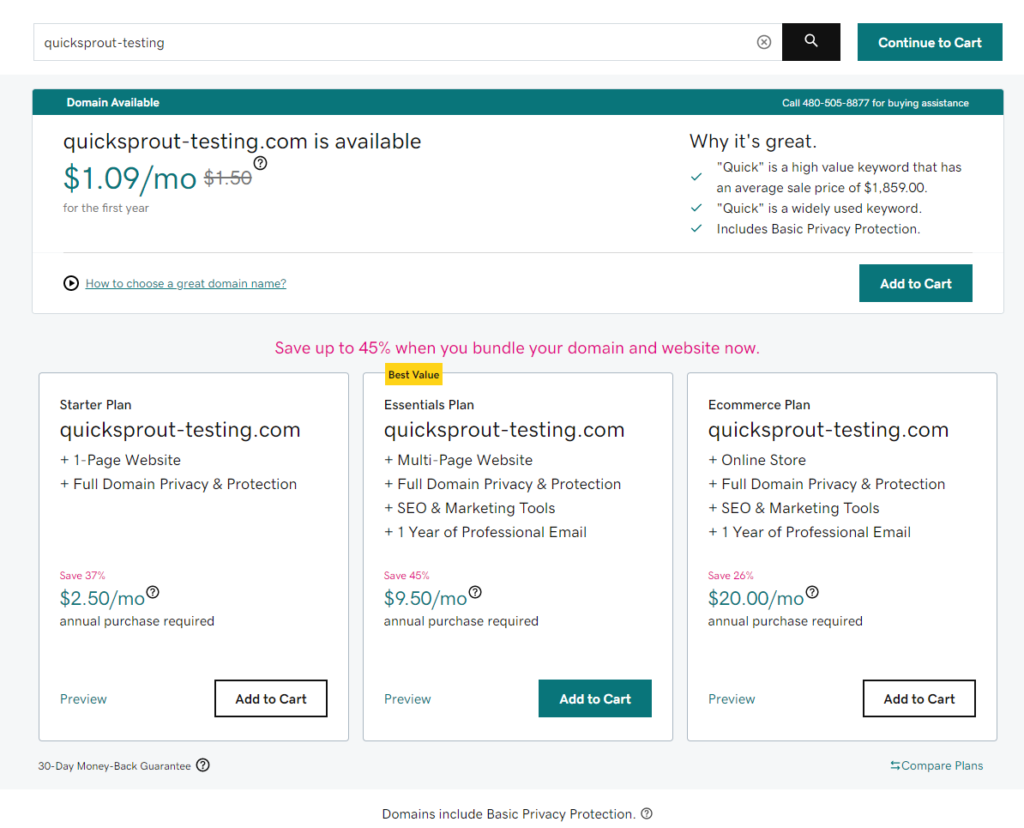 GoDaddy pricing and domain availability search page.