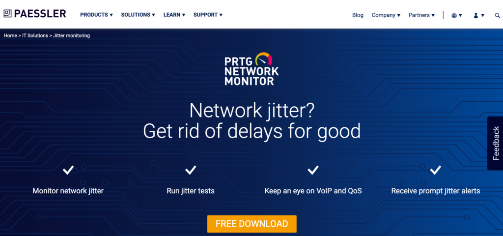 PRTG Jitter Monitor network monitoring solution homepage.