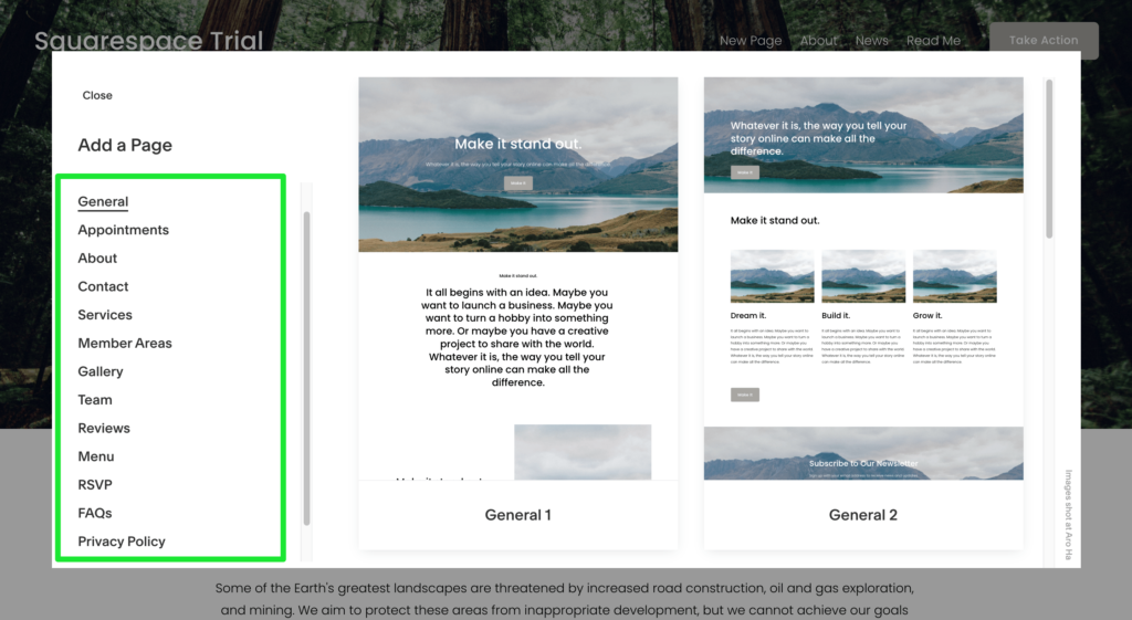 Squarespace add a page choose from a large selection of options.