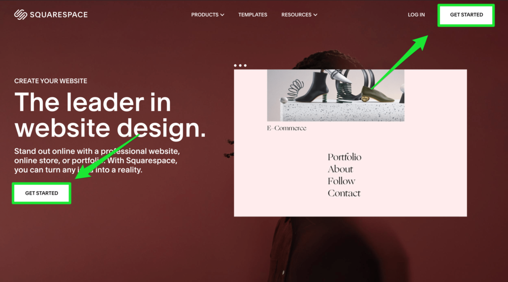 Squarespace get started homepage.