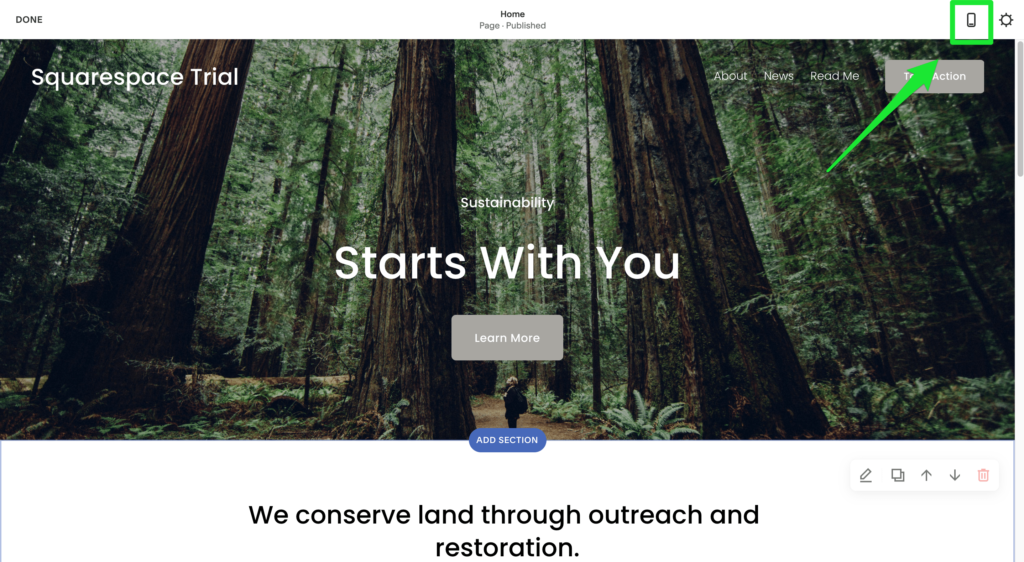 Squarespace mobile phone preview feature.