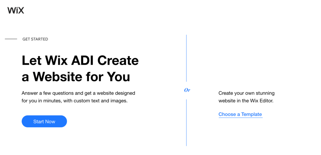 Wix ADI website builder start now page.
