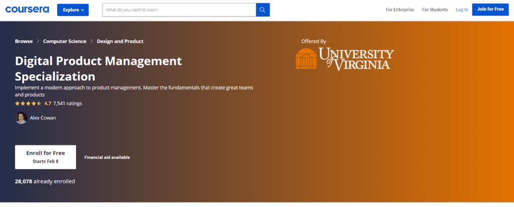 Digital Product Management Specialization on Coursera product management course signup page