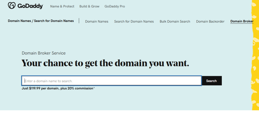 GoDaddy domain broker homepage.