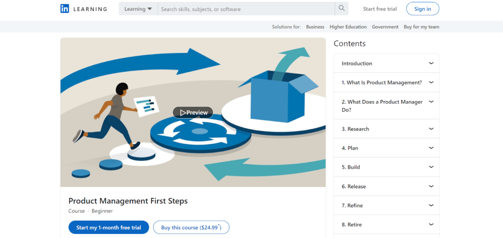 Product Management First Steps by LinkedIn product management course signup page