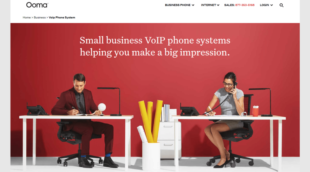 Ooma phone solution for small businesses homepage.