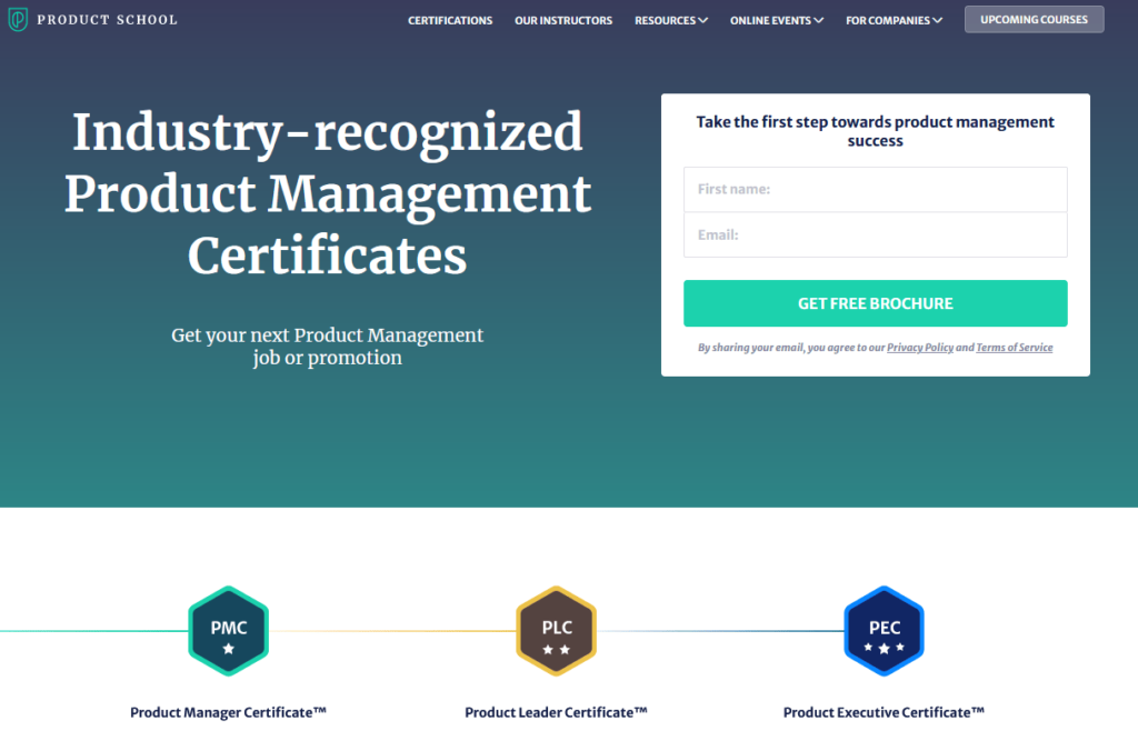 Product Management Certificate by Product School product management course signup page