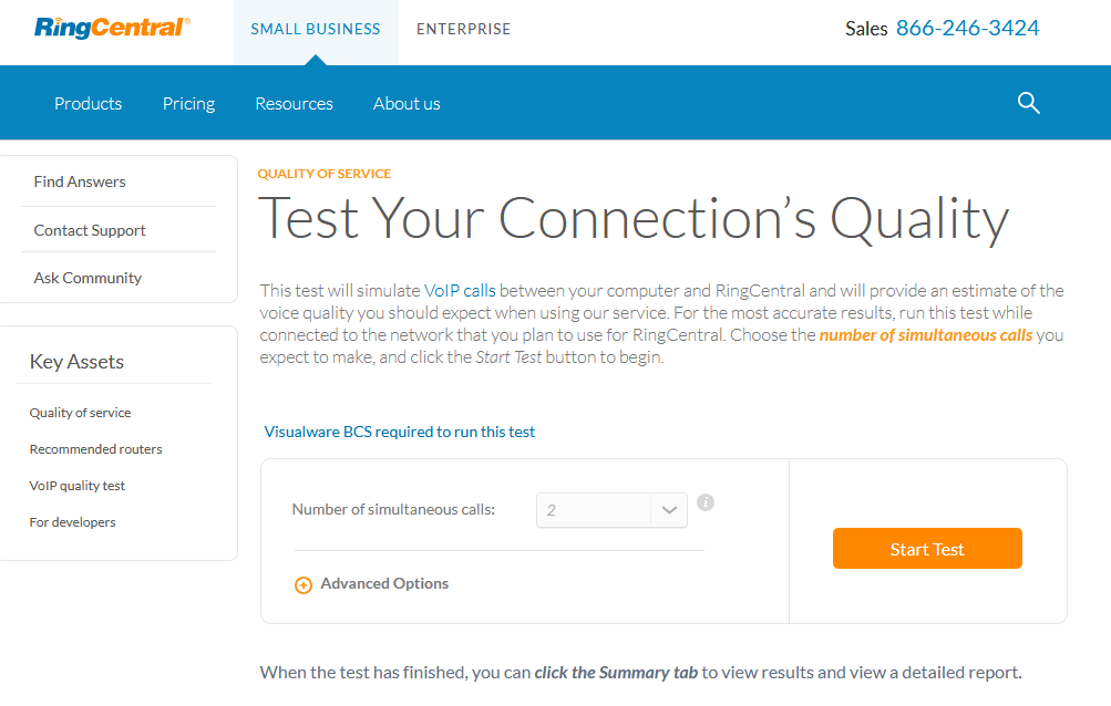 RingCentral business phone service tst your connection's quality page.