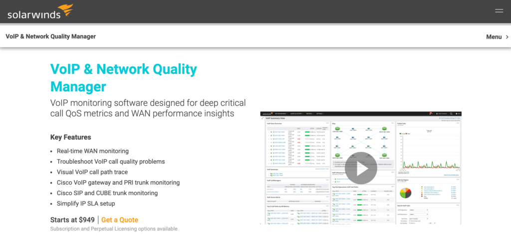 SolarWinds VoIP and network quality manager page.