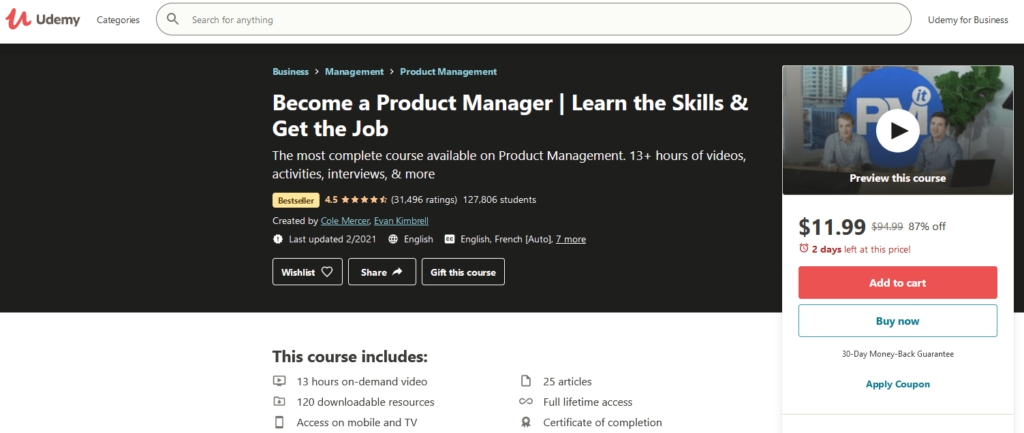 Become a Product Manger on Udemy product management course signup page