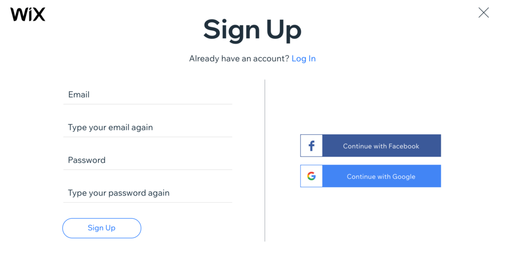 Wix create an account page.