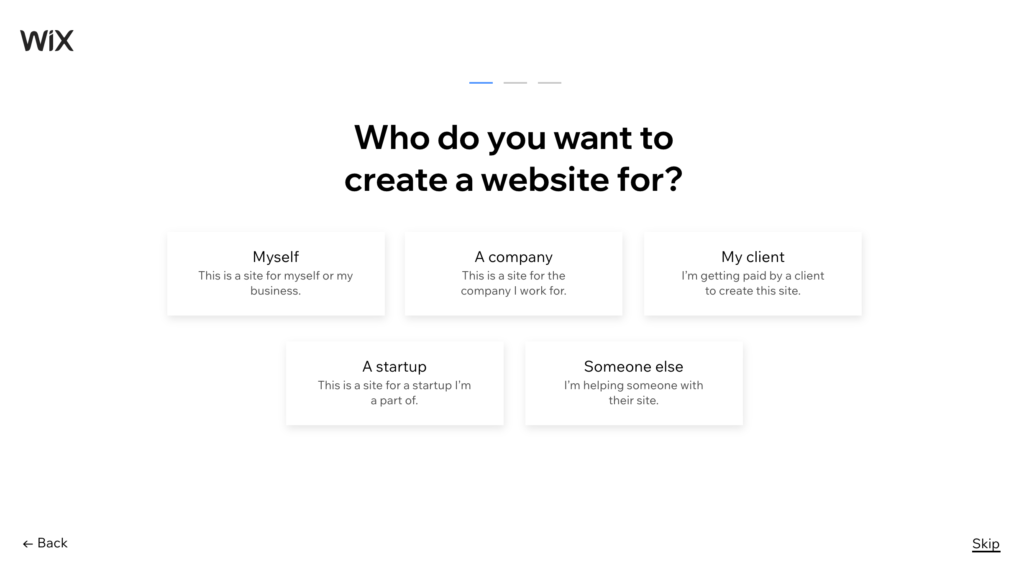 Wix who do you want to create a website for prompt.