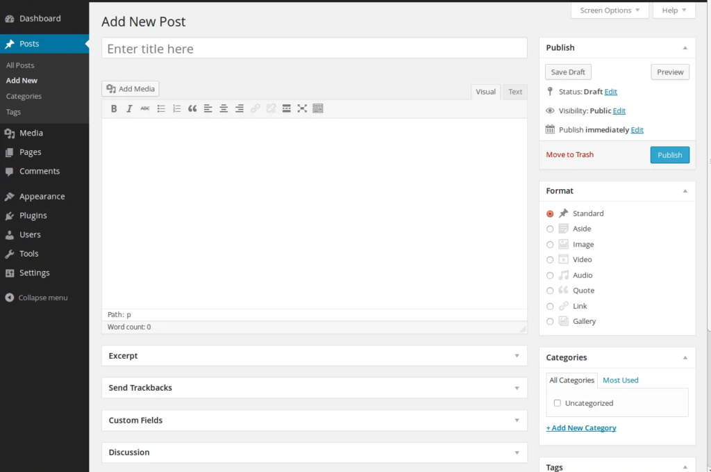 WordPress dashboard with add new post screen.