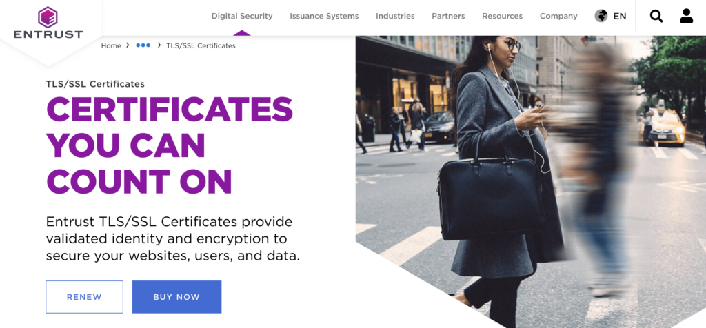 Entrust TLS/SSL certificates homepage.