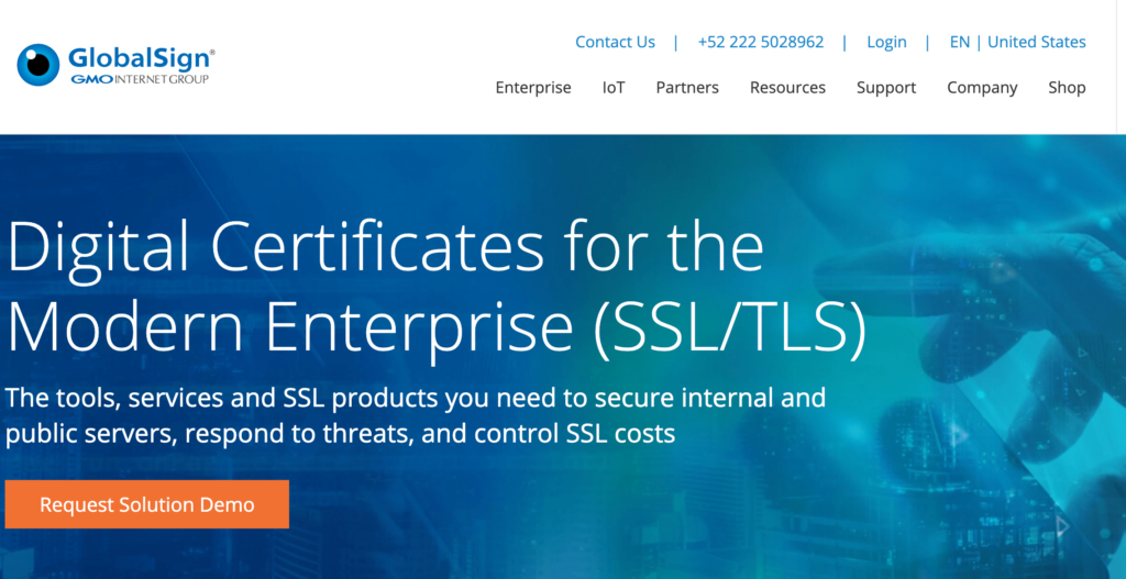 GlobalSign digital certificates SSL/TLS homepage.