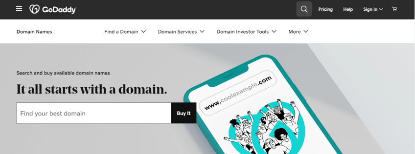 GoDaddy search for domain page. 