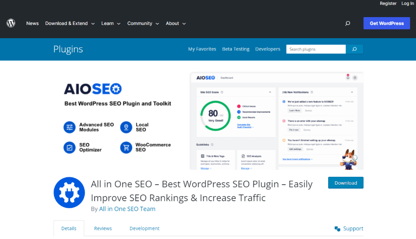 All in One SEO plugin download page.