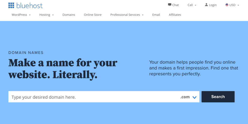 Bluehost search for desired domain name page. 