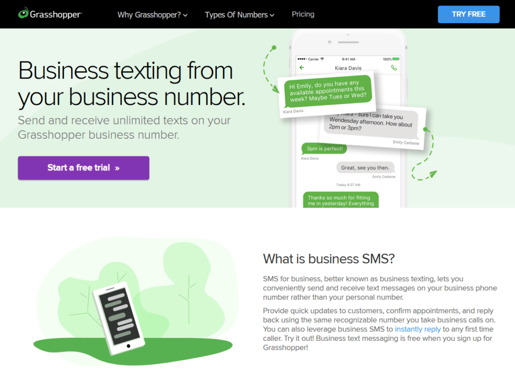 Grasshopper business SMS landing page